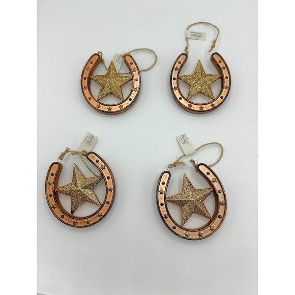 Gold Glitter Barn STAR Horseshoe Christmas Ornament Western Decor Horse Set of 4 - Picture 2 of 4